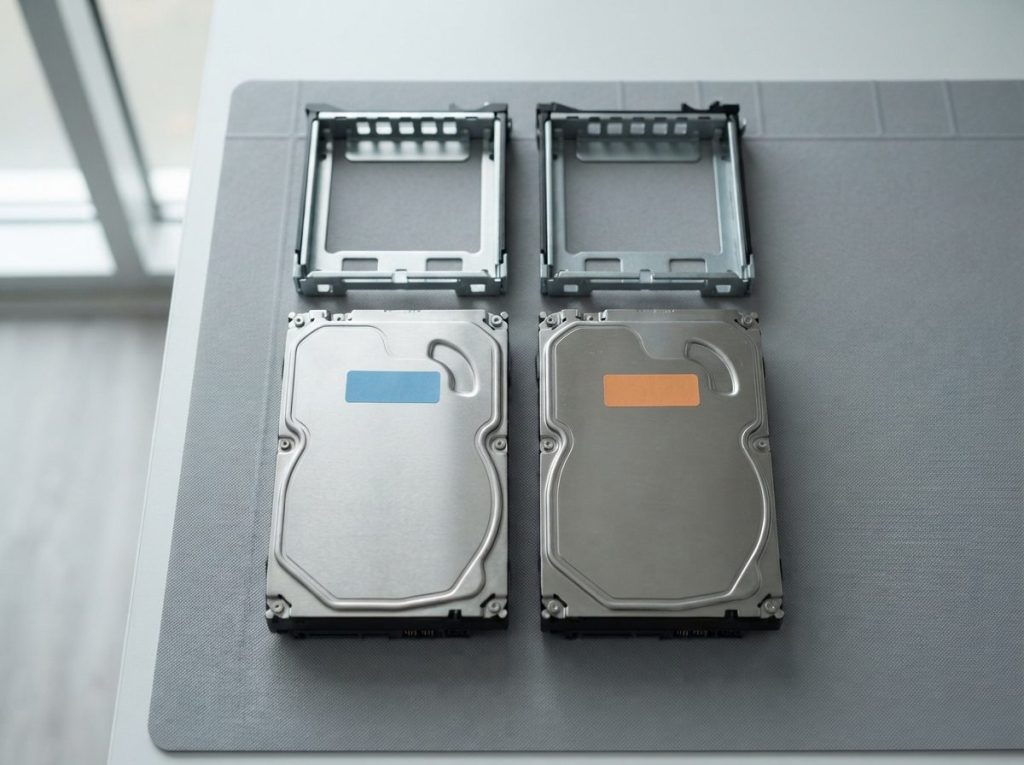 Two closed hard drives from a RAID 1 mirror tagged with coloured tape to record bay order before removal