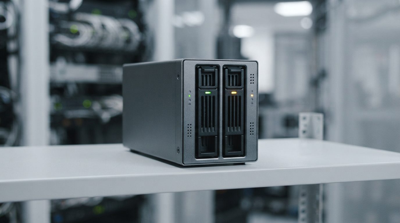 Two-bay mirrored storage enclosure with one green and one amber drive LED showing a RAID 1 drive failure