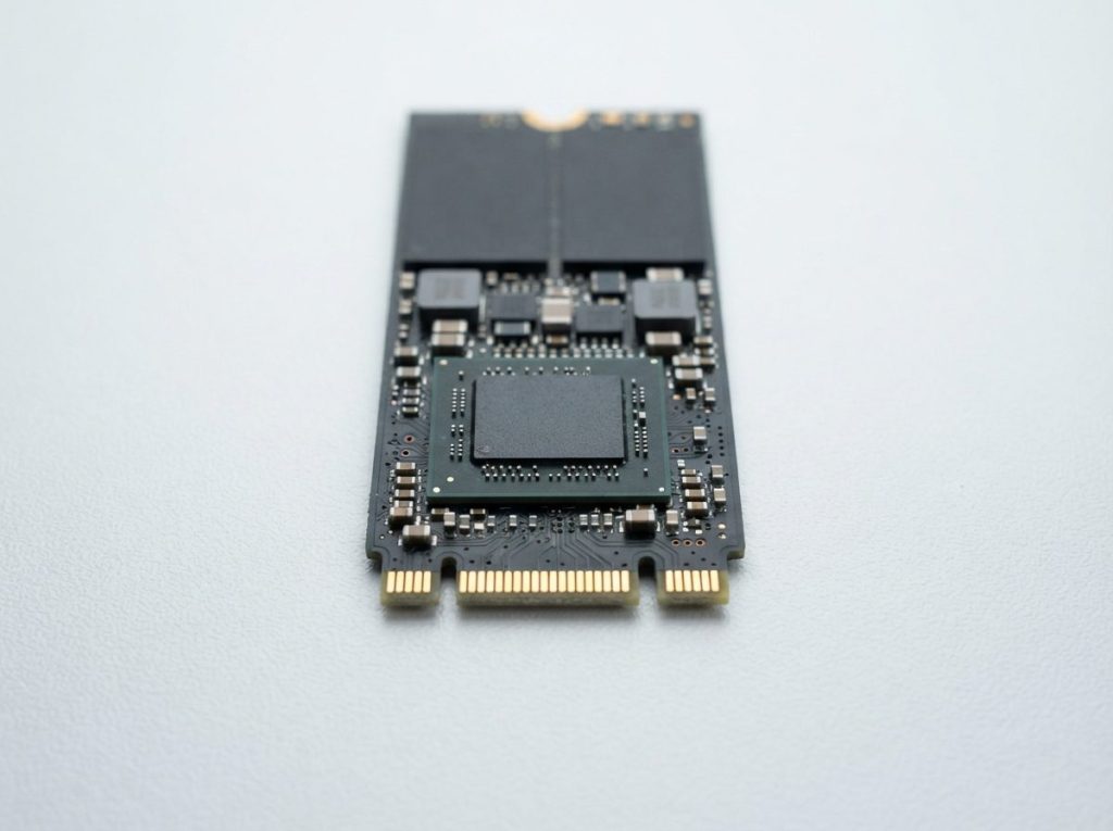 Close-up of an M.2 NVMe SSD board showing the controller chip and NAND flash memory packages