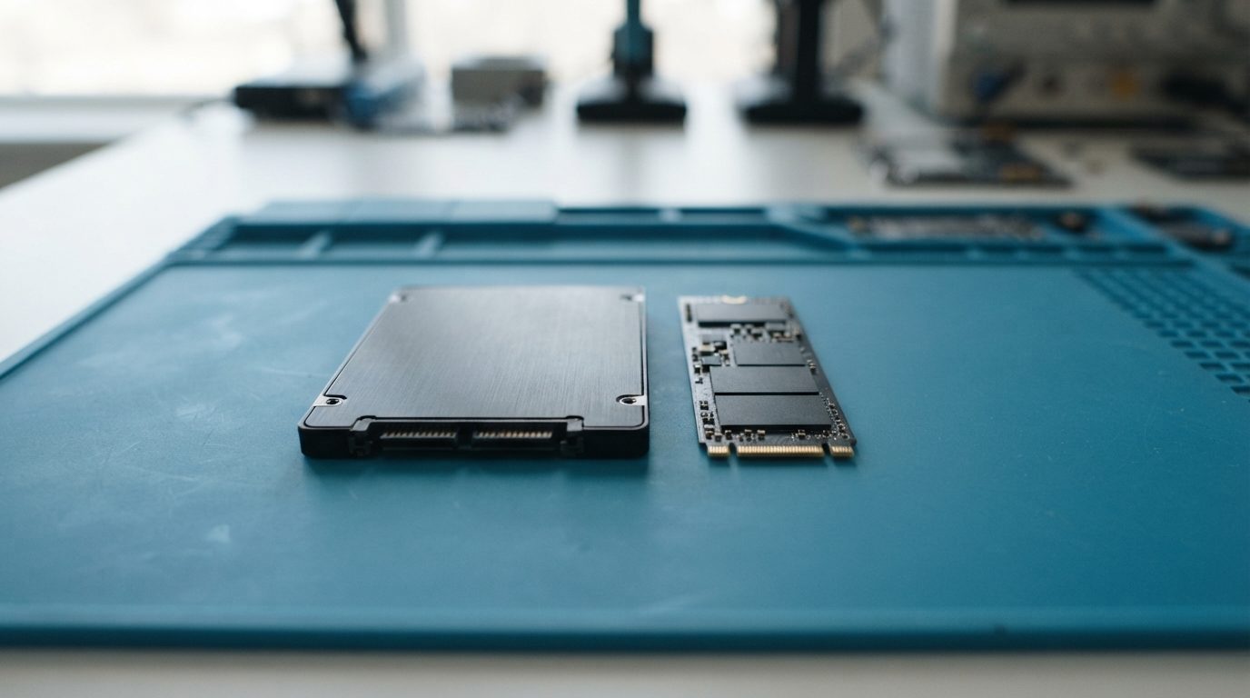 Failed 2.5-inch SATA SSD and M.2 NVMe SSD on an anti-static mat ready for data recovery evaluation