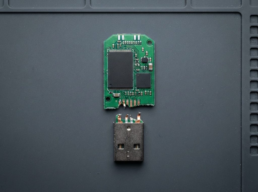 Snapped USB flash drive circuit board with intact NAND memory chip and detached connector