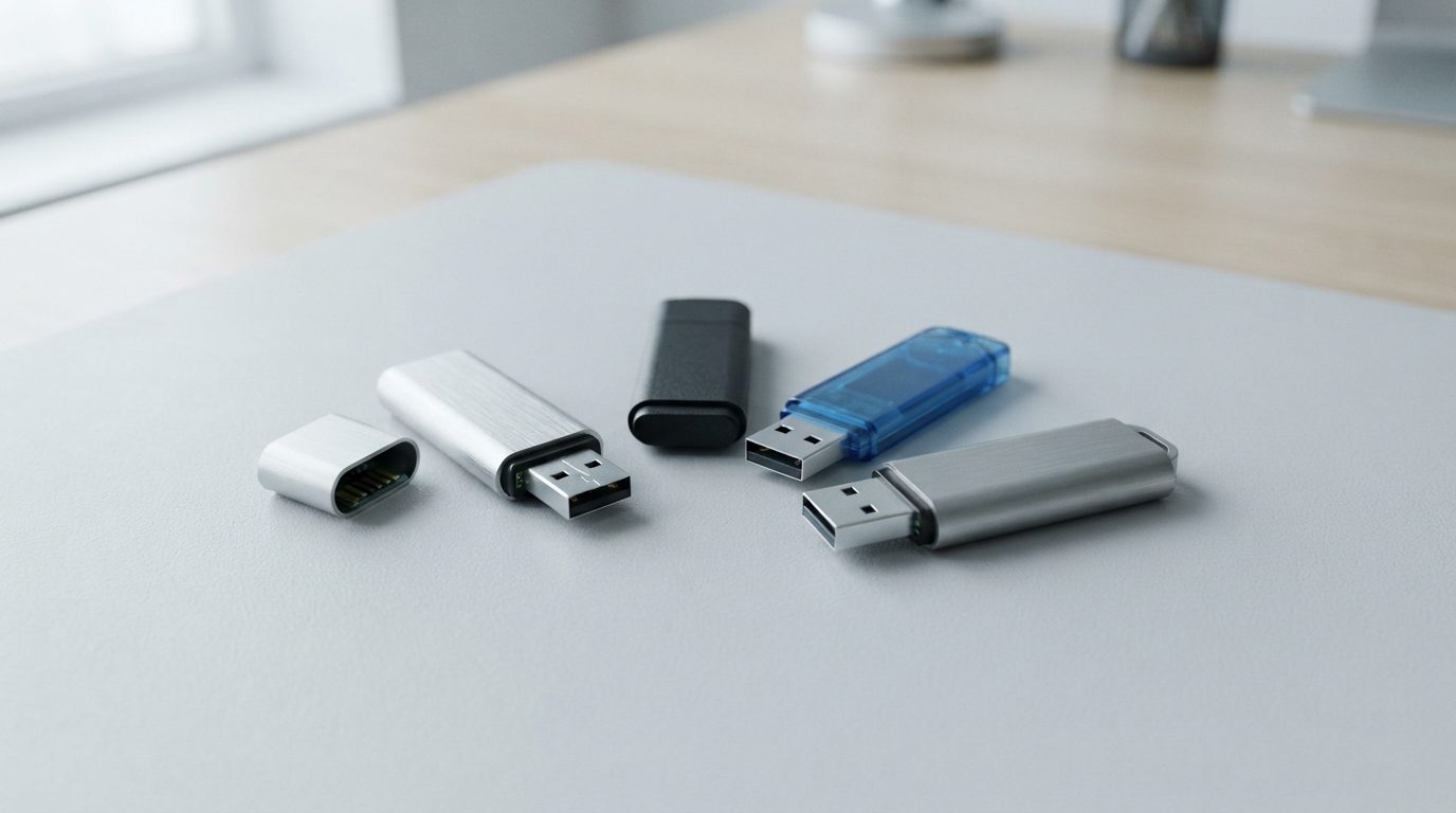 Several USB flash drives with different casings on a clean grey surface, illustrating flash drive data recovery