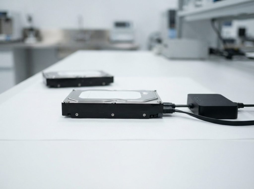 Closed hard drive connected by SATA cable to an imaging device to recover deleted files from a copy