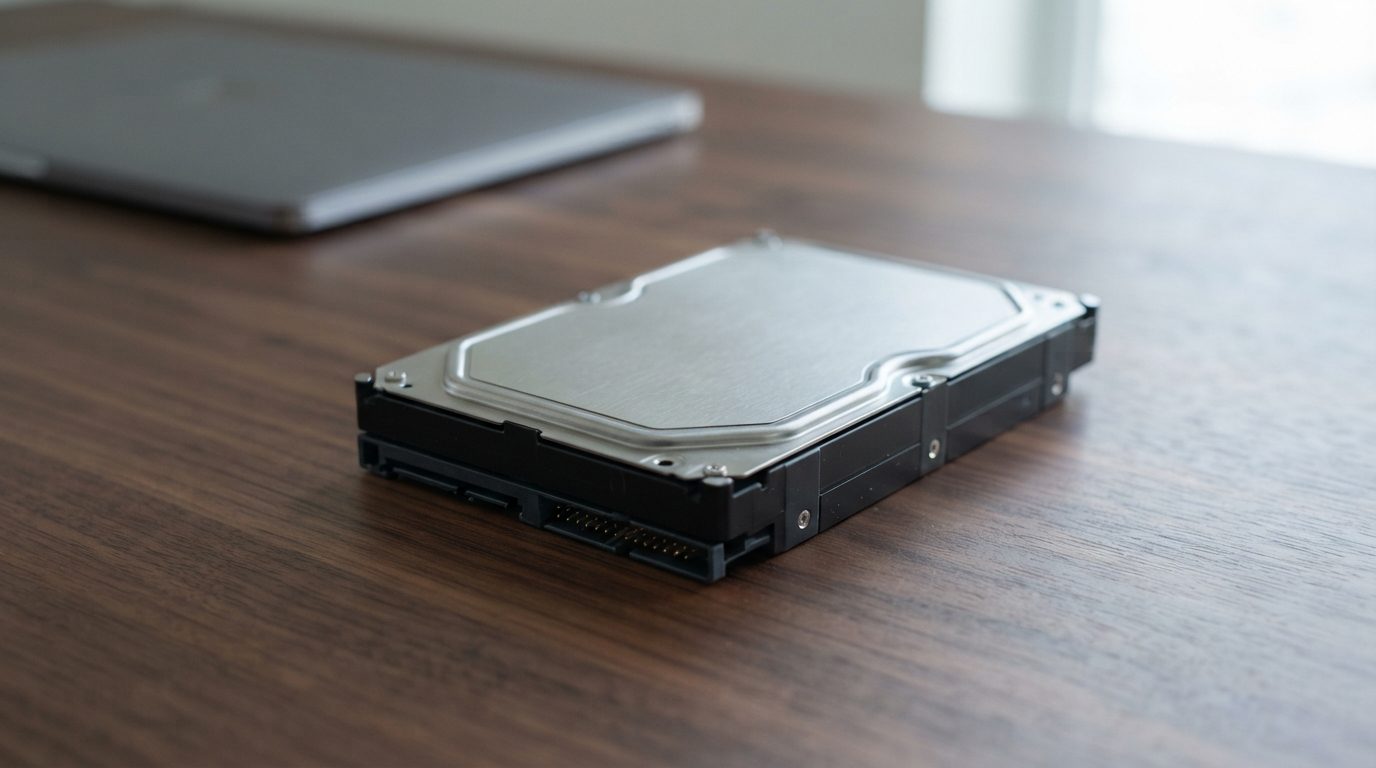 Closed 3.5-inch internal hard drive on a dark desk beside a closed laptop, representing deleted file recovery