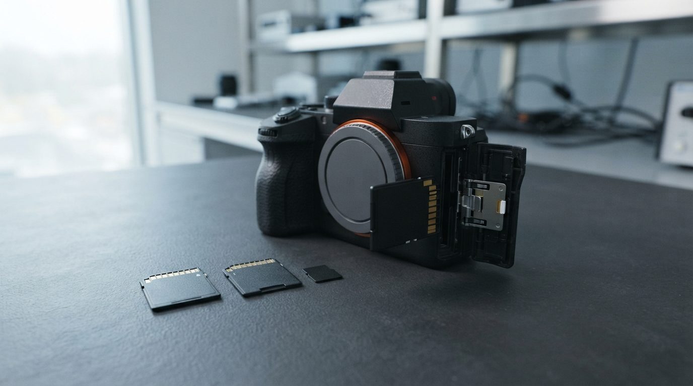 SD card partly ejected from a mirrorless camera beside a microSD card, ready for deleted photo recovery
