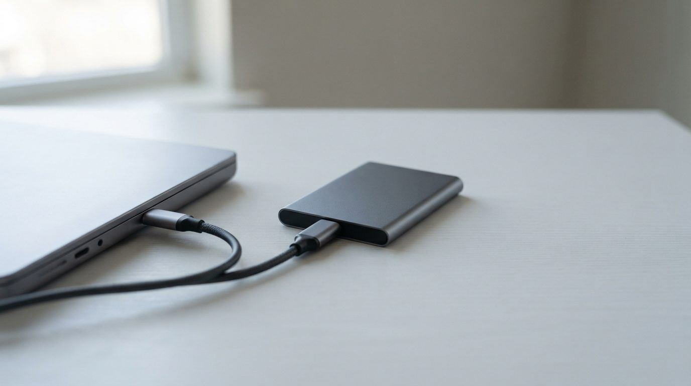 Portable SSD connected by USB-C cable to a laptop, illustrating a SanDisk SSD not showing up