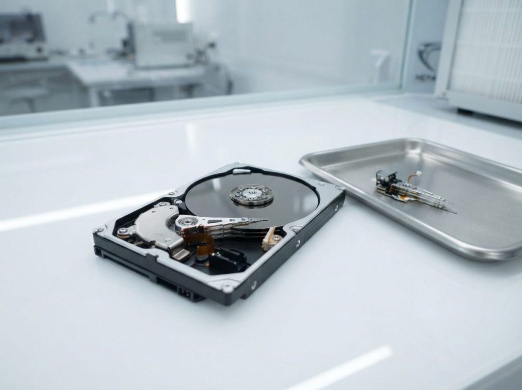 Opened 2.5-inch hard drive under a cleanroom hood with a replacement head stack, as used to recover a clicking drive
