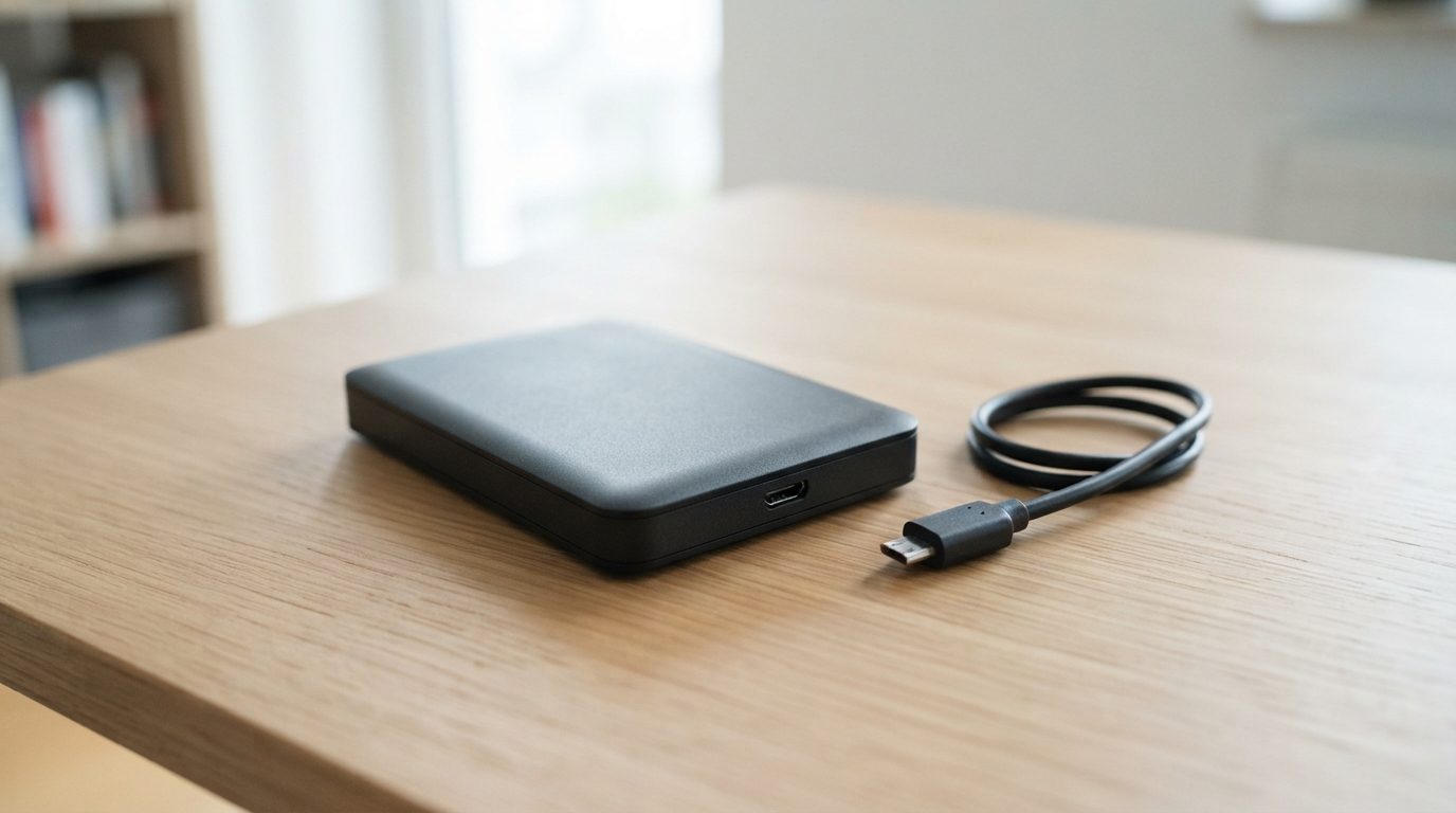 Portable external hard drive unplugged on a desk with its USB cable coiled beside it after clicking
