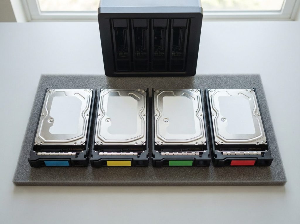 Four NAS hard drives in trays lined up in bay order with coloured tags beside an empty Synology-style enclosure
