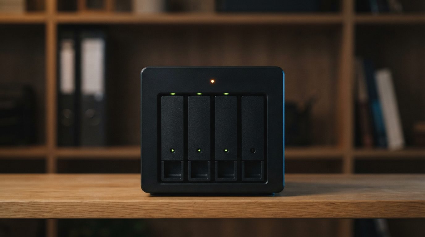Four-bay Synology-style NAS on an office shelf with a flashing orange status light warning