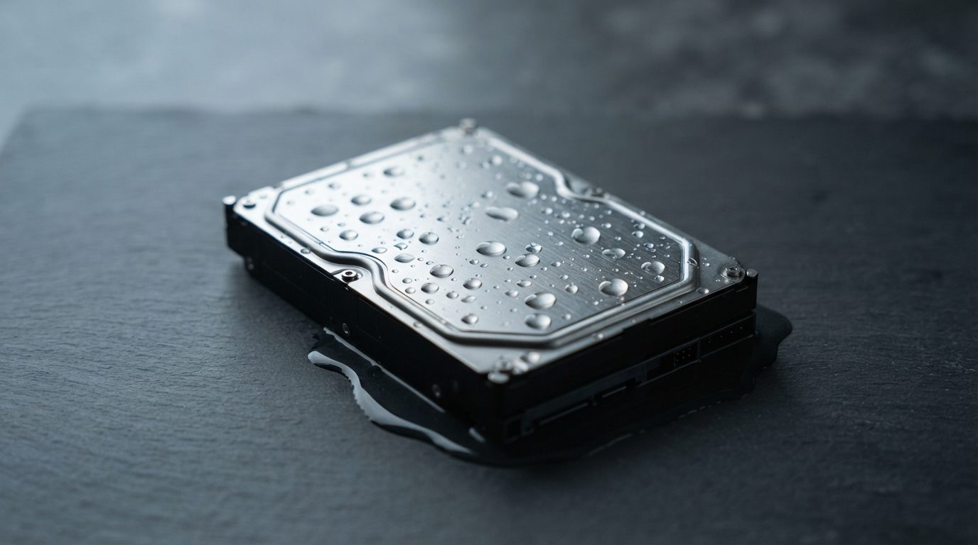 Water damaged hard drive with droplets on its metal casing, unplugged on a dark surface