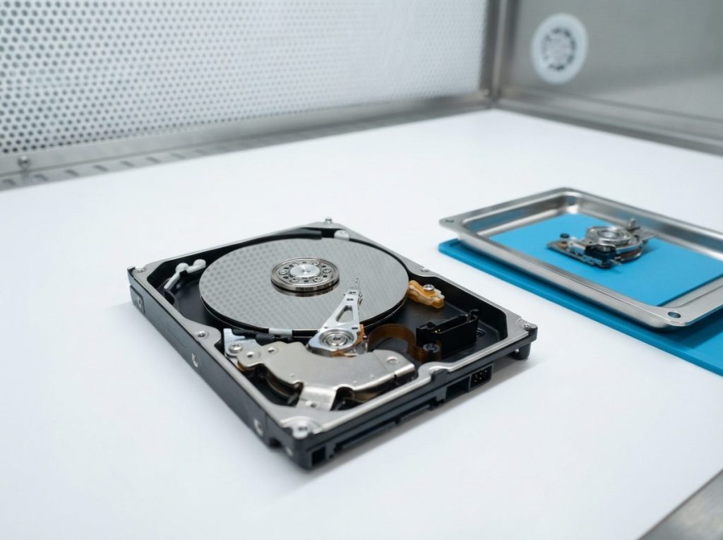 Opened 2.5-inch portable hard drive under a cleanroom clean bench, ready for head stack replacement