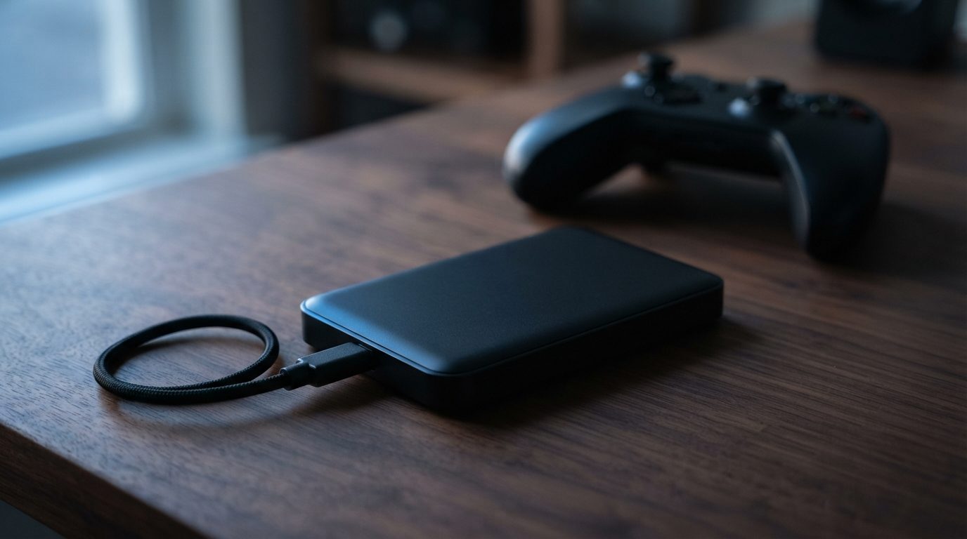 Black portable WD Black P10 style external game drive beside a game controller on a dark desk