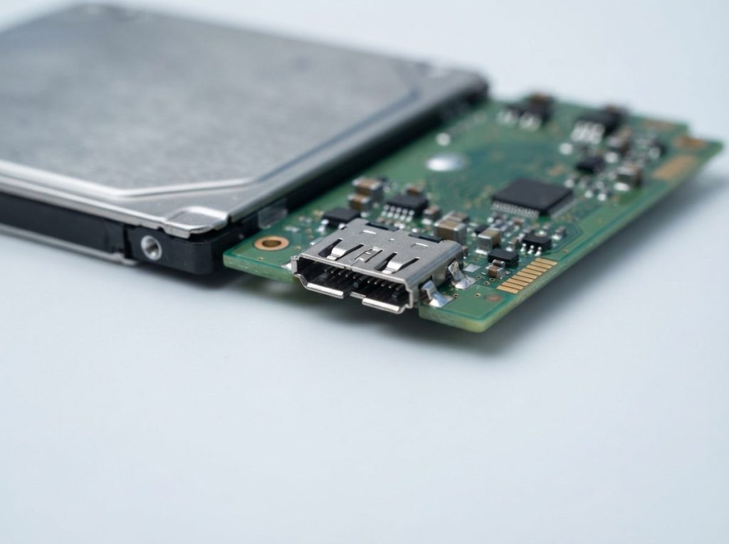 USB Micro-B port soldered directly onto a portable external hard drive circuit board, with no SATA connector